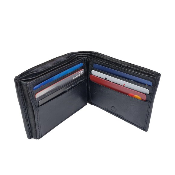 Men's Black Genuine Leather Bifold Traveler Wallet with Button NEW - Picture 5 of 10